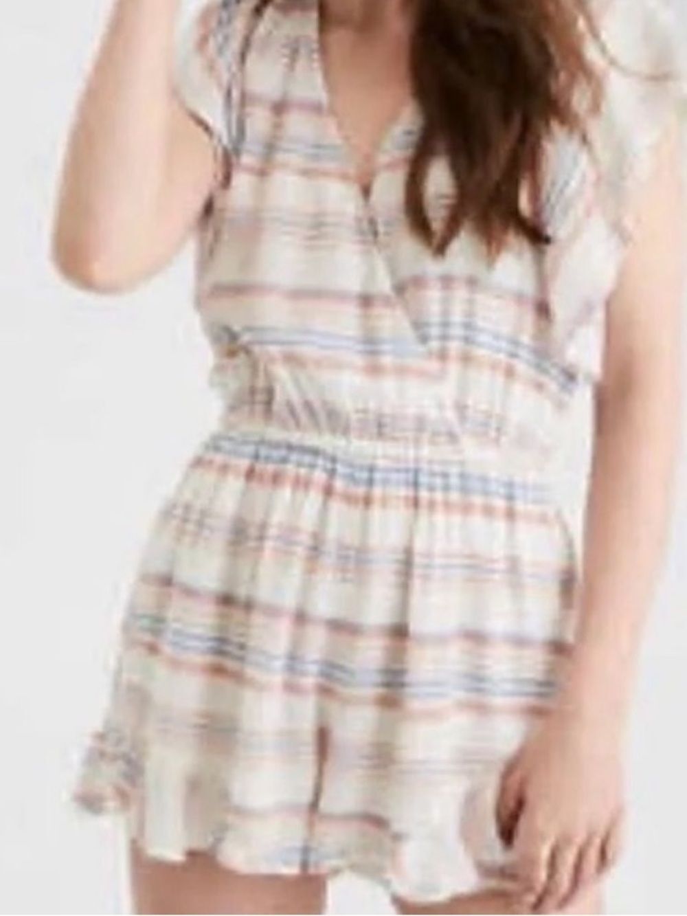 American Eagle Striped Ruffle Romper in Cream with Peach & Light Blue Stripes